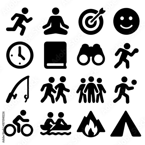 Diverse Recreation Icons: Collection of simple, graphic icons representing a variety of recreational activities and symbols for outdoors and leisure.