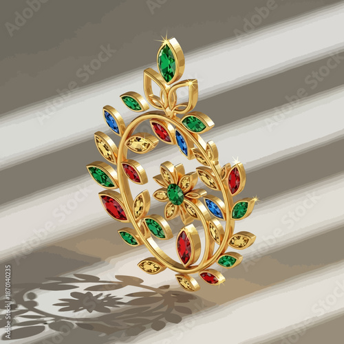Elegant Gold Brooch Adorned with Colorful Gemstones and Floral Design.