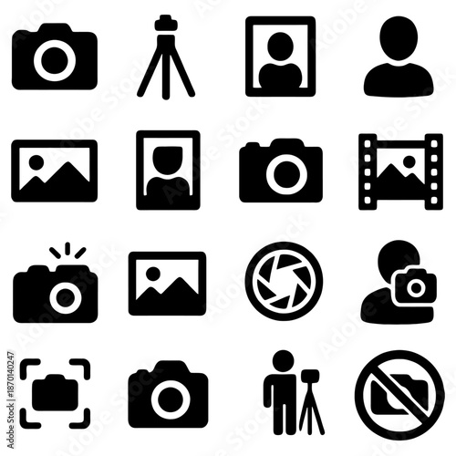 Photography Icons: A collection of various photography-related symbols, representing different aspects and tools of the art form, like camera, photo and more.
