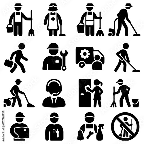 Cleanliness and Service: A collection of meticulously crafted icons portraying essential service roles. They embody the dedicated effort behind maintaining clean environments and assisting others. 