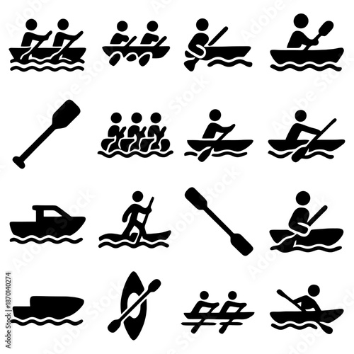 Rowing Icons: A series of sleek, monochromatic icons representing various forms of rowing, from solo paddlers to team-based rowboats, a symbolic representation of water sports.
