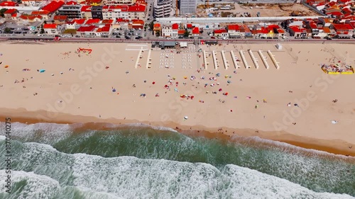 Aerial view of Praia da Baia beach in Espinho Portugal on a sunny summer day