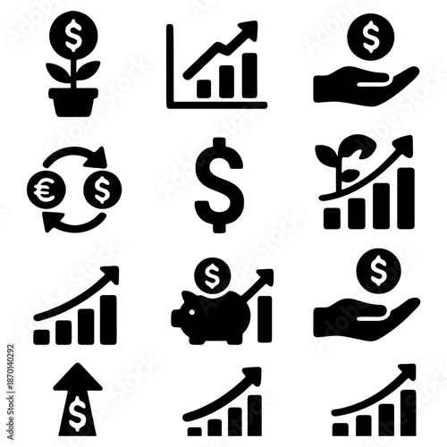 Financial Growth and Investment Icons: A collection of icons symbolizes financial growth and investment, with representations of monetary symbols and upward trending graphs.