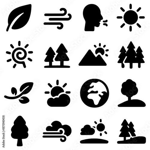 Iconic Nature's Elements: A collection of meticulously crafted, elegant icons capturing the essential elements of nature, artfully rendered in a simplistic yet captivating style. 