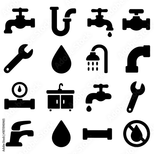 Plumbing icons set: A collection of meticulously crafted, bold black plumbing icons, encompassing various elements of plumbing such as faucets, water drops, wrenches, and pipes