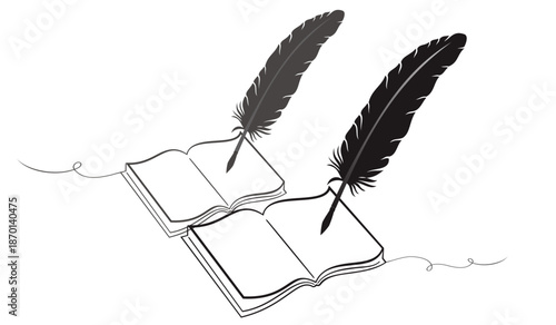 hand draw two opened book with feather pen, poetry scribble doodle style rough sketch, isolated on white, vector graphic illustration. Design for stickers, logo, web etc
