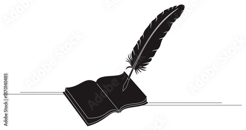 Silhouette Opened book with feather pen, poetry scribble doodle style rough sketch, isolated on white, vector graphic illustration. Design for stickers, logo, web etc