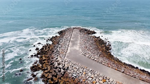 Aerial view of Praia da Baia beach in Espinho Portugal on a sunny summer day