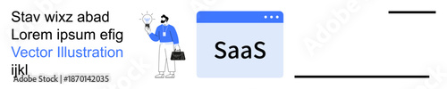 Software development, innovative thinking, business solutions, SaaS applications, cloud computing, and technology services. Man holding lightbulb with SaaS browser tab. Software development