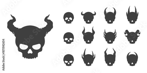 Set of horned skull silhouettes in minimalist style. Dark fantasy icons featuring various demon and devil skull shapes for gaming, heavy metal merchandise, and spooky halloween branding.