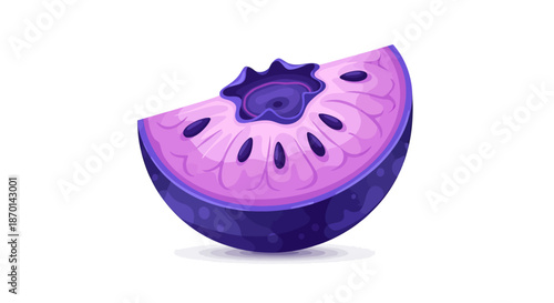 A detailed, vibrant, cartoon-style cross-section of a blueberry slice showing its purple flesh and seeds.