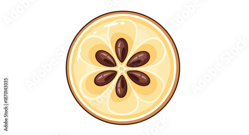 Cross-section of a tropical fruit with light yellow flesh and dark brown seeds arranged in a star pattern.