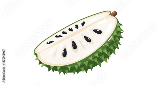 A detailed close-up illustration of a soursop fruit, cut in half to reveal its creamy white flesh and black seeds, set against a clean white background.