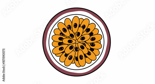 A vibrant illustration of a passion fruit cut in half, revealing its juicy orange pulp and numerous black seeds against a white background.
