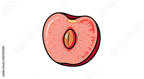 Cross-section of a ripe peach fruit revealing its central pit and juicy flesh, isolated on white background.