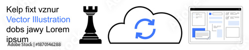 Cloud services, strategic planning, digital synchronization, decision-making processes, data storage, interface design. A rook chess piece, cloud with arrows and webpage layout. Strategic planning
