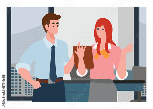 Male and female employee talking in the office. Simple flat illustration.