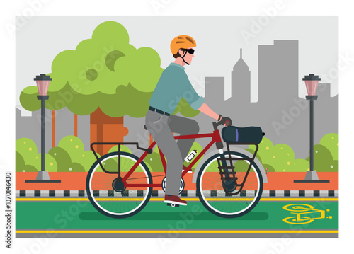 Man riding bicycle on the bicycle line. Commuter biking. Simple flat illustration.