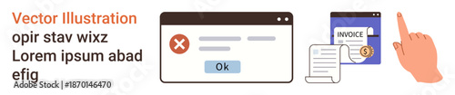 Online payment, error messages, finance management, billing, transactions, invoice tracking. Illustration includes error pop-up, invoice document and pointing hand. Online payment and error messages