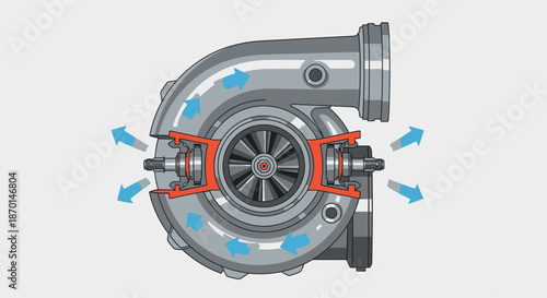 Cutaway illustration showing the internal workings of a turbocharger with airflow indicated by blue arrows.