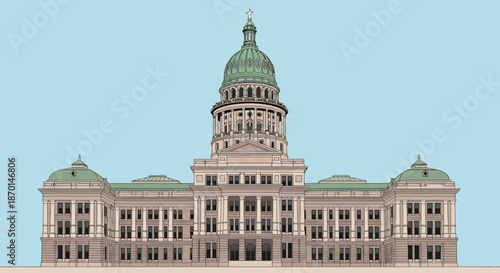 A detailed architectural illustration of the Texas State Capitol building, showcasing its dome and classical facade against a clear blue sky.