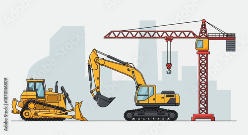 Illustration of construction equipment including a bulldozer, excavator, and tower crane against a city skyline.