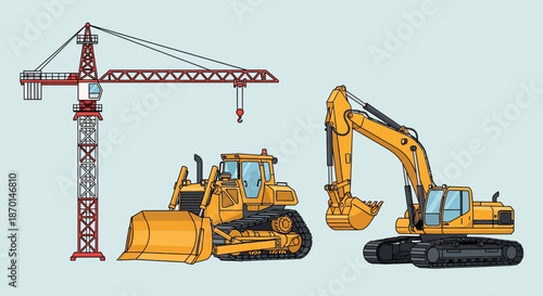 Illustration of construction equipment including a crane, bulldozer, and excavator against a light blue background.