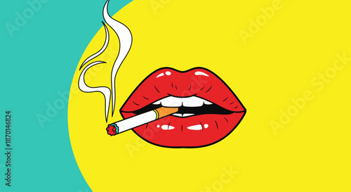 Close-up of bright red lips smoking a cigarette with smoke rising against a vibrant yellow and teal background.