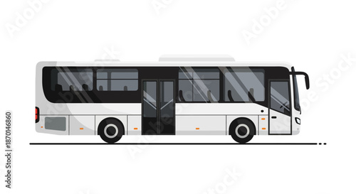 A clean, modern white passenger bus with tinted windows and multiple doors, parked on a gray surface.