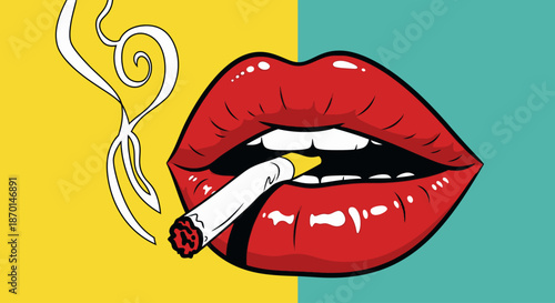 A vibrant, pop-art style illustration of bright red lips smoking a cigarette, with stylized smoke swirling against a split yellow and teal background.
