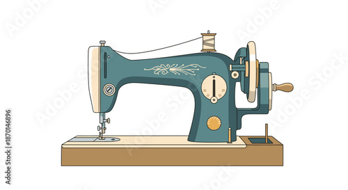 Vintage sewing machine with a spool of thread on top, set against a white background.