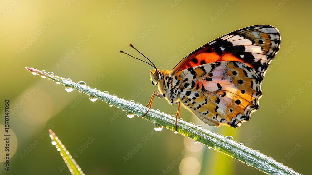 Fototapeta premium Butterfly Perched on Dewy Grass, Nature Close-Up Photography, Morning Light, Serene Environment