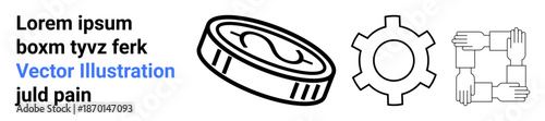 Coin highlighting finance, gear symbolizing productivity, hands representing teamwork and connectivity. Ideal for business, collaboration, finance, unity, growth, productivity simple landing page