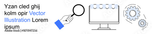 Data analysis, workflow efficiency, problem-solving, technology, software development, teamwork. Magnifying glass, monitor and gears. Data analysis and workflow efficiency