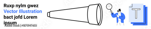 Search, research, data analysis, discovery, investigation, exploration. A telescope, magnifying glass and documents with a character viewing through the glass. Search and research concept