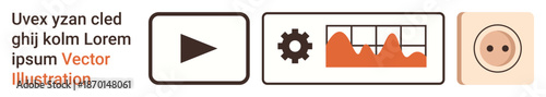 Technology, data analytics, multimedia tools, interfaces, automation. Minimalist icons of a play button, gear, data graph and power button. Technology and data analytics concept