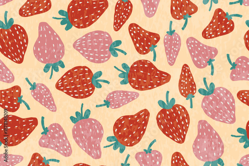 Seamless doodle strawberry pattern with a cute and fresh style. Ideal for food designs, kids products, packaging, and cheerful backgrounds.