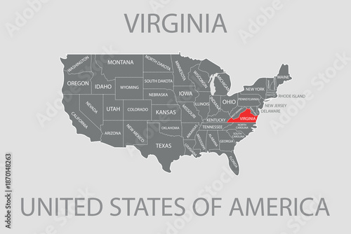 Virginia State, USA, vector map isolated on United states map. Editable blank vector map of USA.