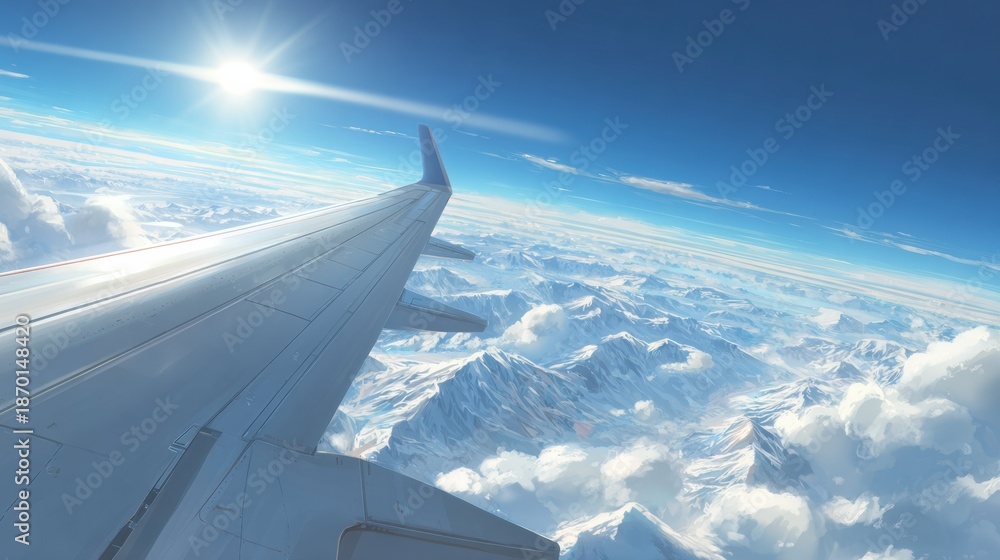 Fototapeta premium Travel Above Snow-Capped Mountains With Bright Sun Shining on the Wing of an Airplane During a Clear Day in the Sky