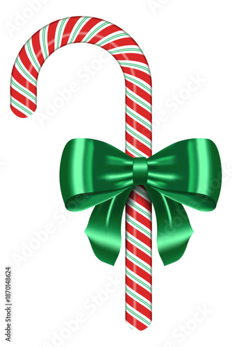 Red and white striped candy cane with bow. Realistic candy cane. Sweet stick for new year. Decoration sugar lollipop