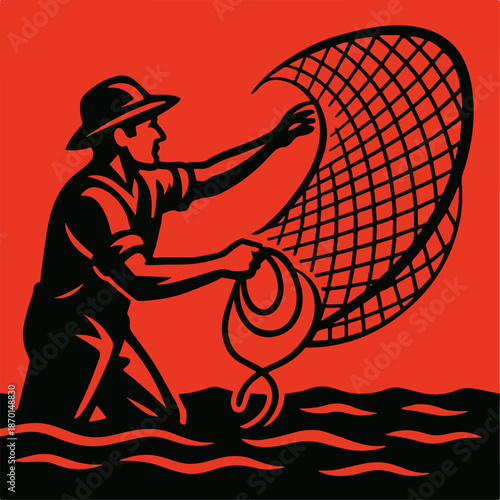 Illustration of a fisherman throwing a net into the sea