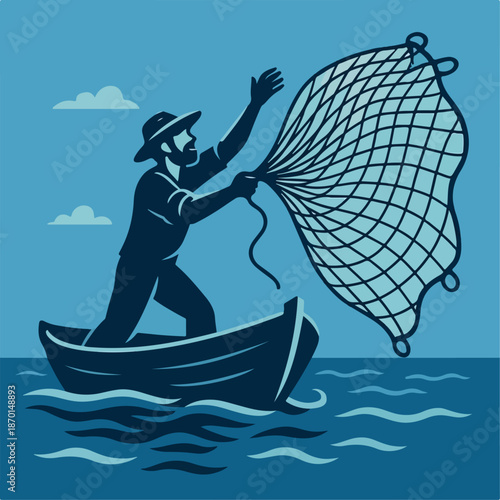 Illustration of a fisherman throwing a net into the sea