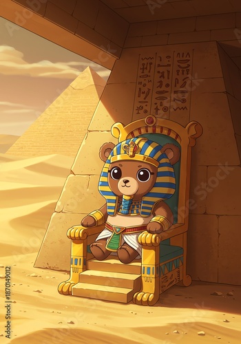 Teddy pharaoh on throne in desert before pyramid