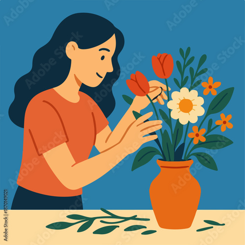 illustration of a woman arranging flowers