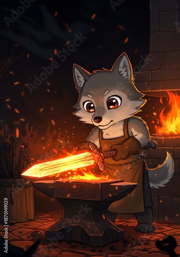 Young wolf smith forging a glowing sword on an anvil