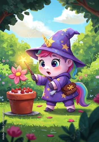 Unicorn wizard casts magic on a strawberry flower