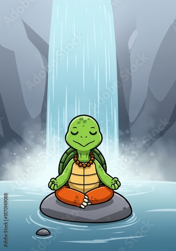 Zen turtle meditates under a waterfall