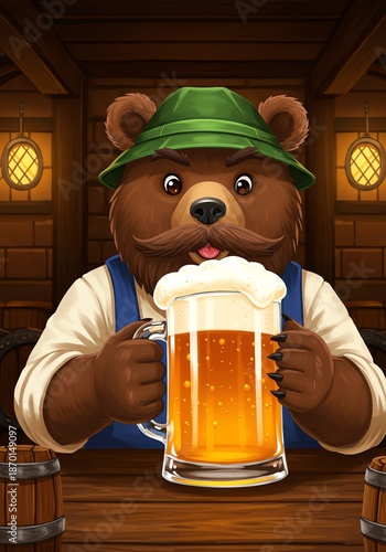 A bear in a hat holding a beer mug in a pub
