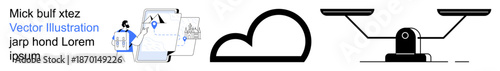 Business tools, cloud computing, legal services, data management, digital communication, and justice. Set of icons showing documents, a cloud and scales. Legal services and cloud computing concepts