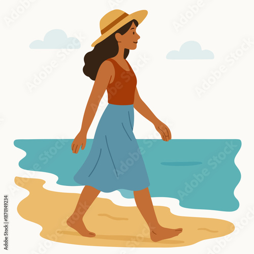 Illustration of a woman walking leisurely on the beach